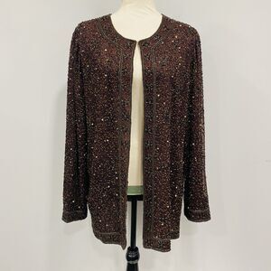 VTG STENAY 100% Silk L Beaded Sequin Formal Jacket Brown Hook Front Elegant Fall